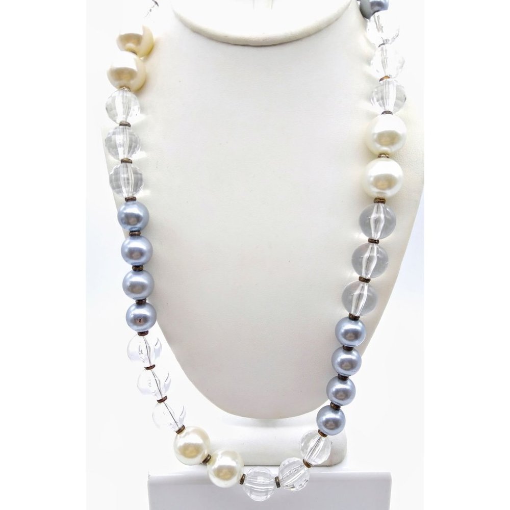 Versatile Long Beaded Neutral Necklace, Vintage Dove Gray and Jumbo White Faux P